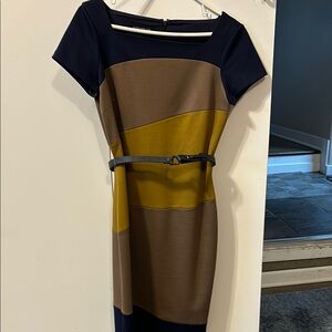 Blue and Brown Color-Block Sheath Dress